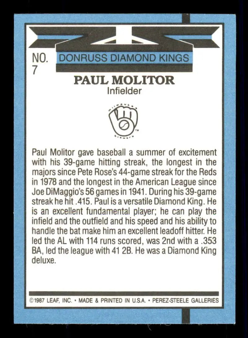 1988 Donruss #7 Paul Molitor NM-MT Milwaukee Brewers Baseball Card - Baseball Card Single