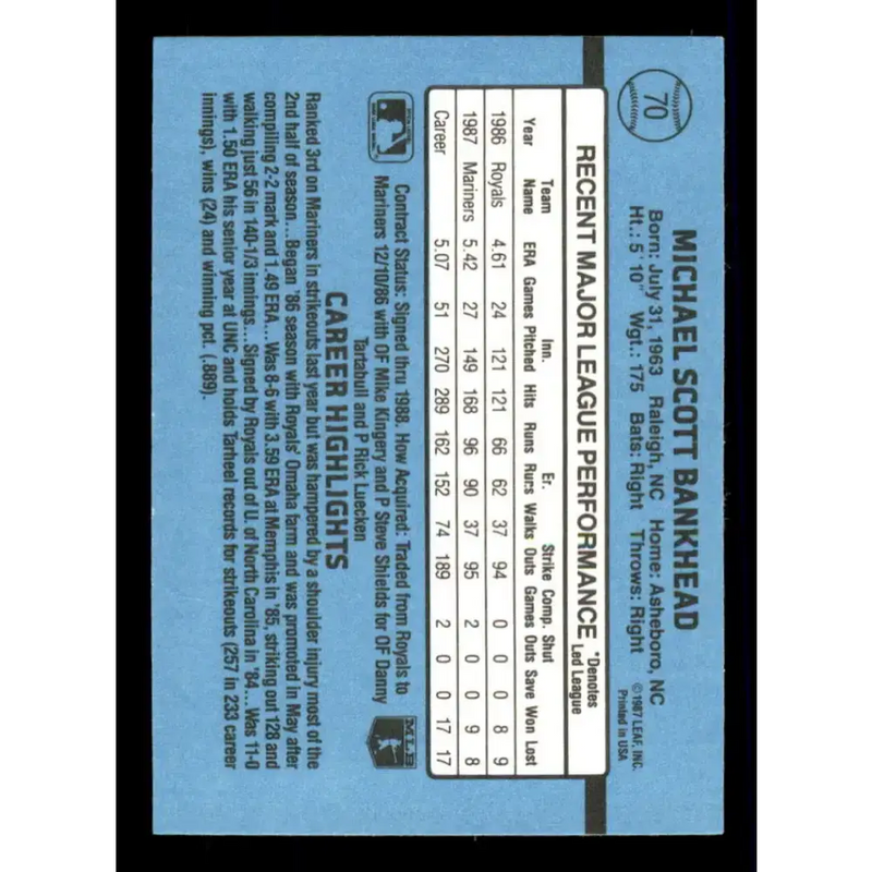 1988 Donruss #70 Scott Bankhead EX Seattle Mariners Baseball Card - Baseball Card Single