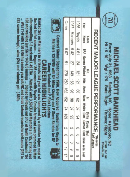 Back of a Michael Scott Bankhead baseball card from 1988 Donruss #70 featuring Scott Bankhead