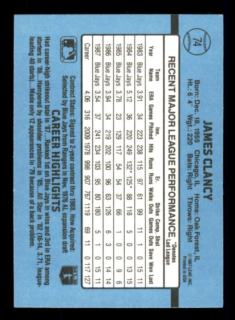1988 Donruss #74 Jim Clancy NM-MT Toronto Blue Jays Baseball Card - Baseball Card Single