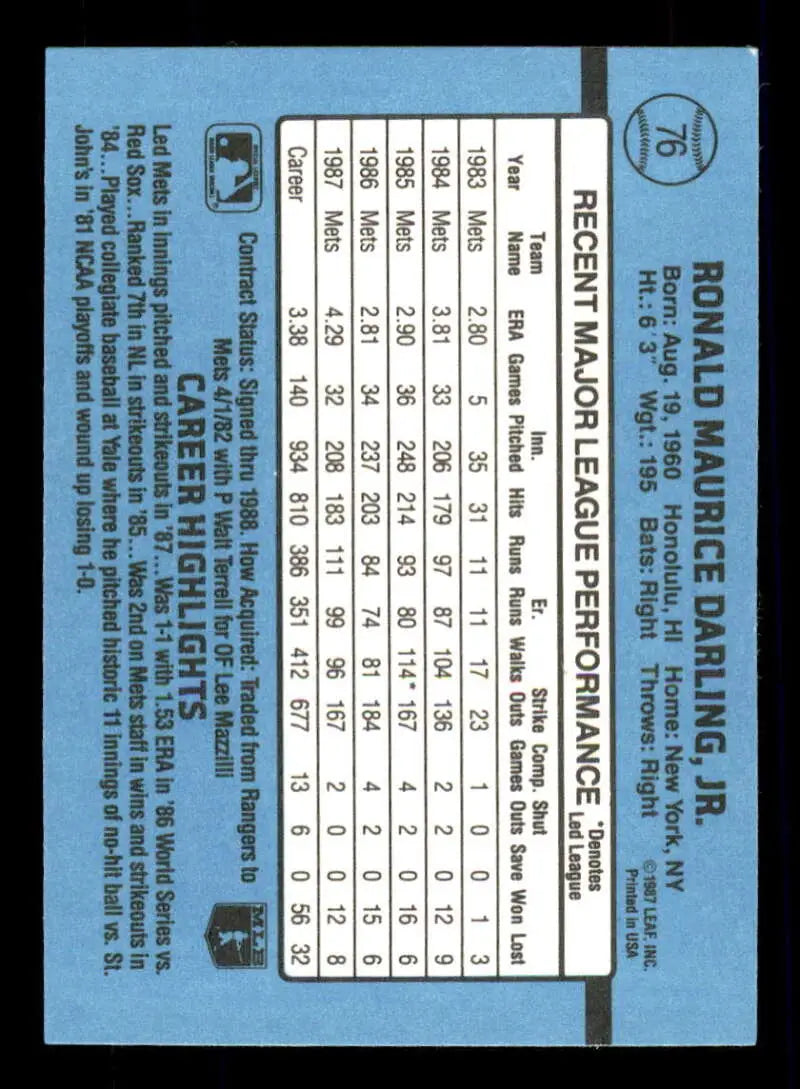 1988 Donruss #76 Ron Darling NM-MT New York Mets Baseball Card - Baseball Card Single