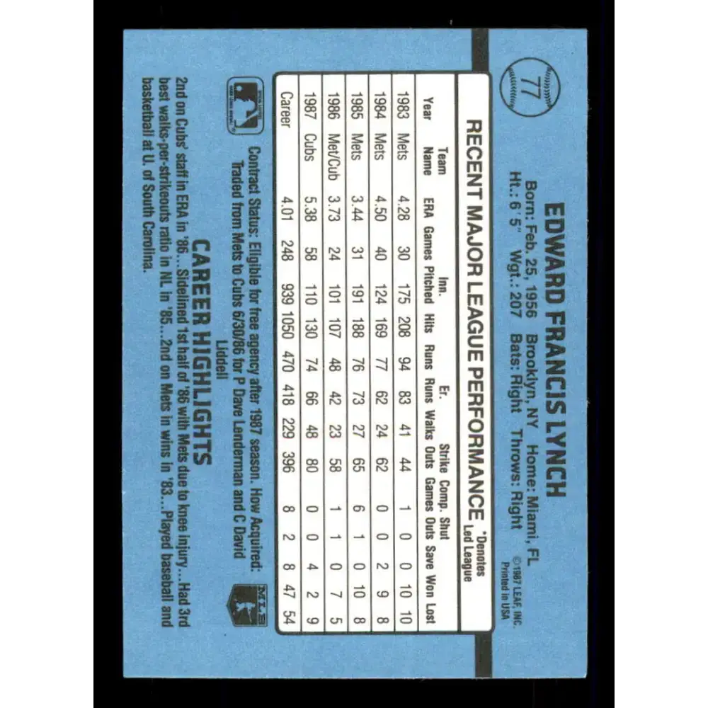 1988 Donruss #77 Ed Lynch EX Chicago Cubs Baseball Card - Baseball Card Single