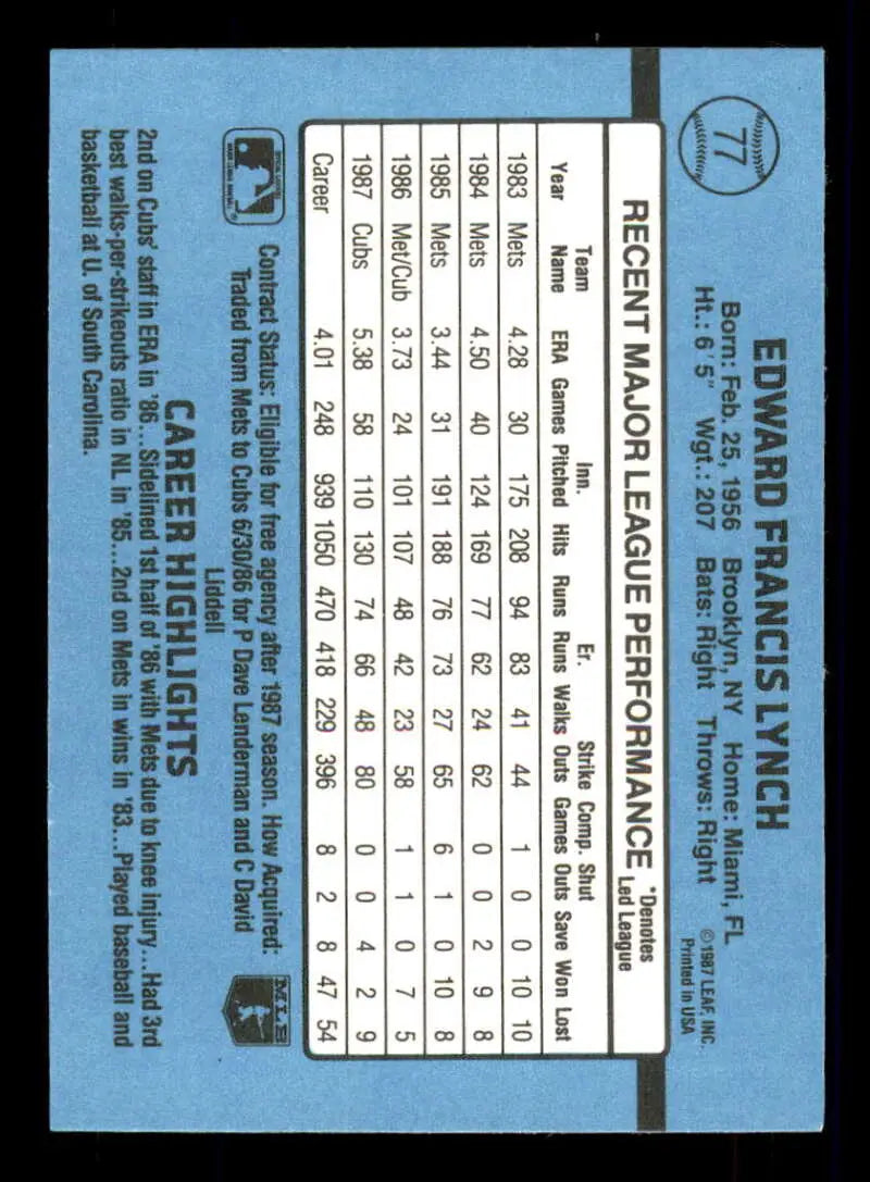 1988 Donruss #77 Ed Lynch NM-MT Chicago Cubs Baseball Card - Baseball Card Single