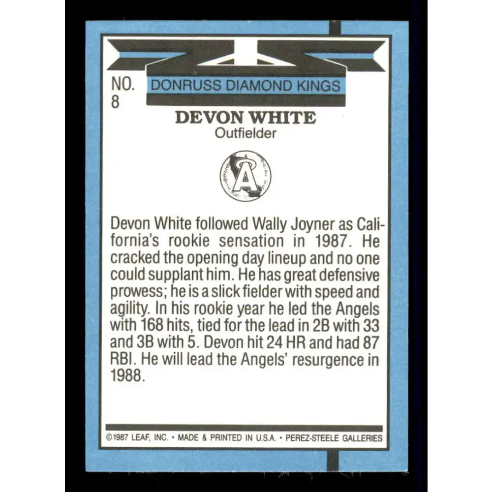 1988 Donruss #8 Devon White DK EX California Angels Baseball Card Image 2