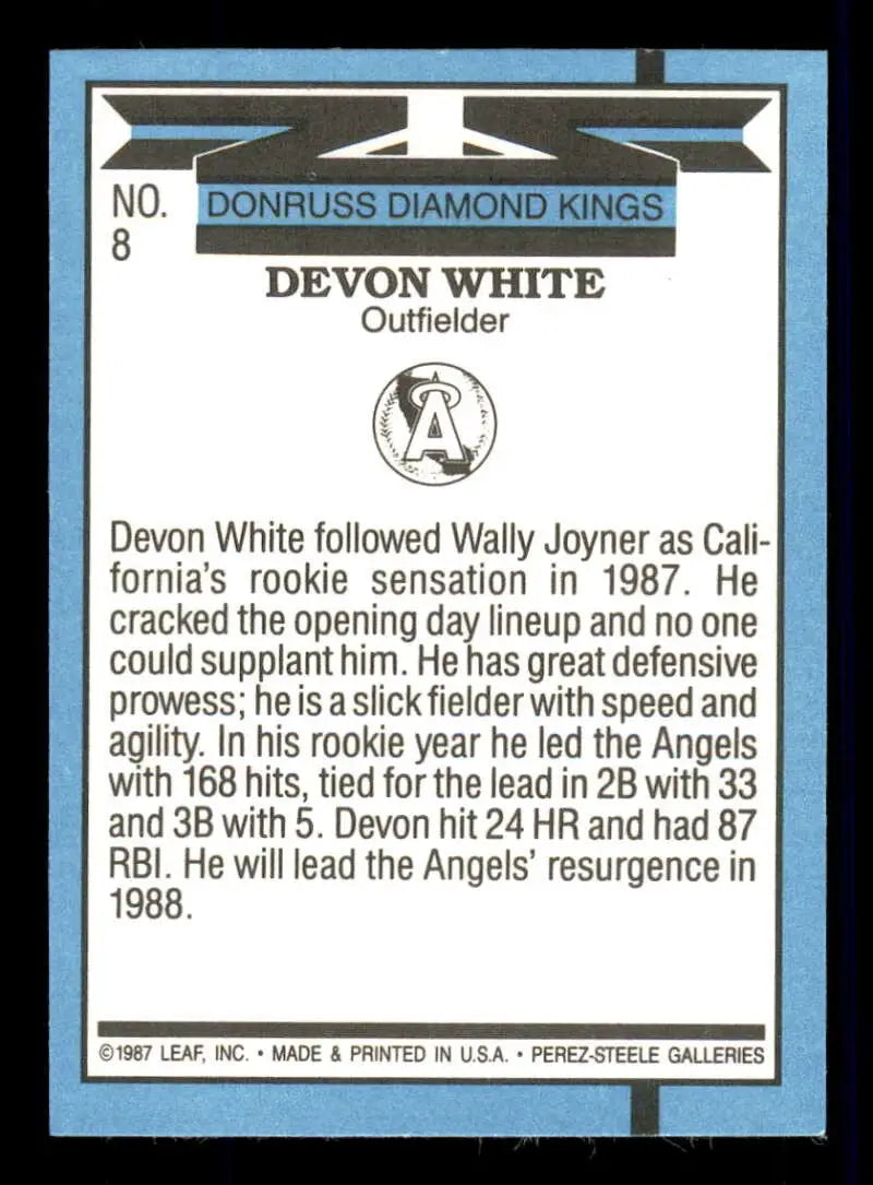 1988 Donruss #8 Devon White NM-MT California Angels Baseball Card - Baseball Card Single
