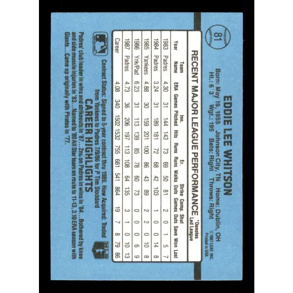 1988 Donruss #81 Ed Whitson EX San Diego Padres Baseball Card - Baseball Card Single