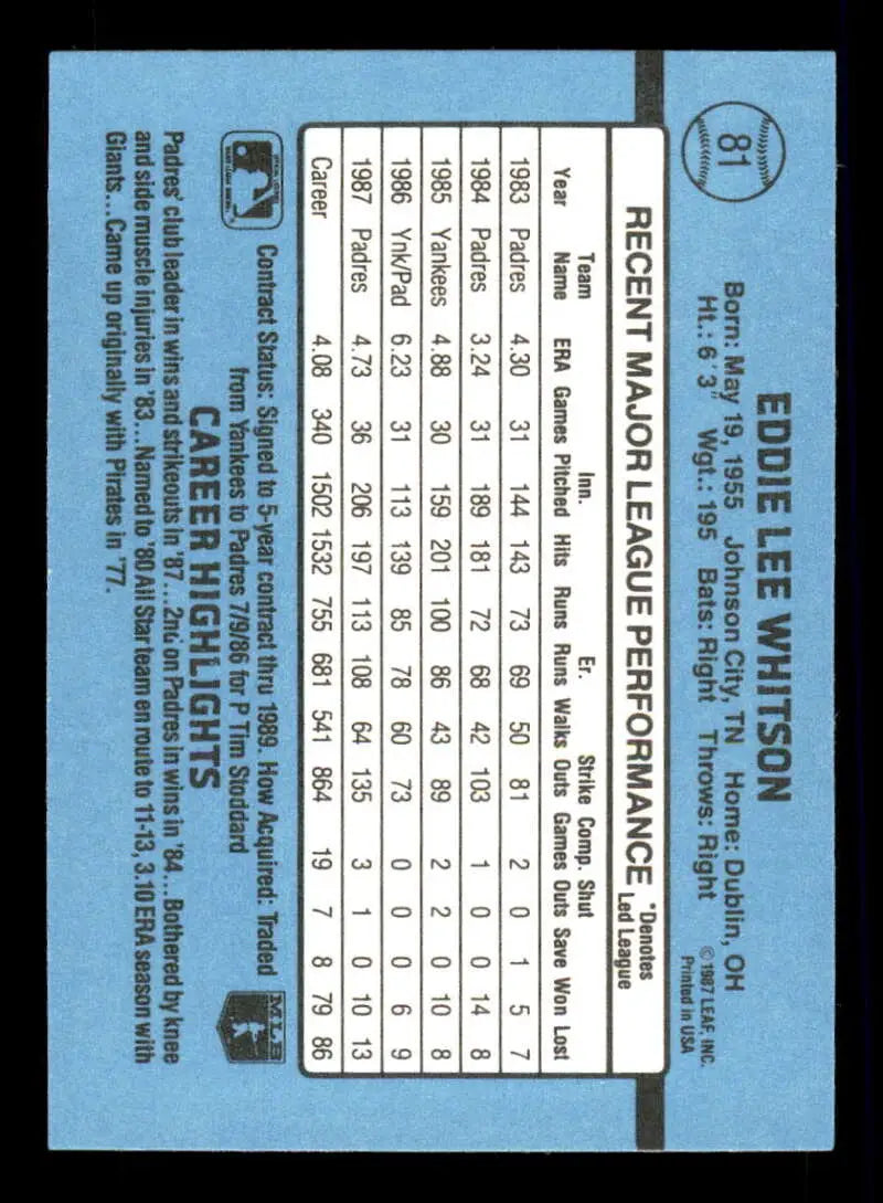 1988 Donruss #81 Ed Whitson NM-MT San Diego Padres Baseball Card - Baseball Card Single