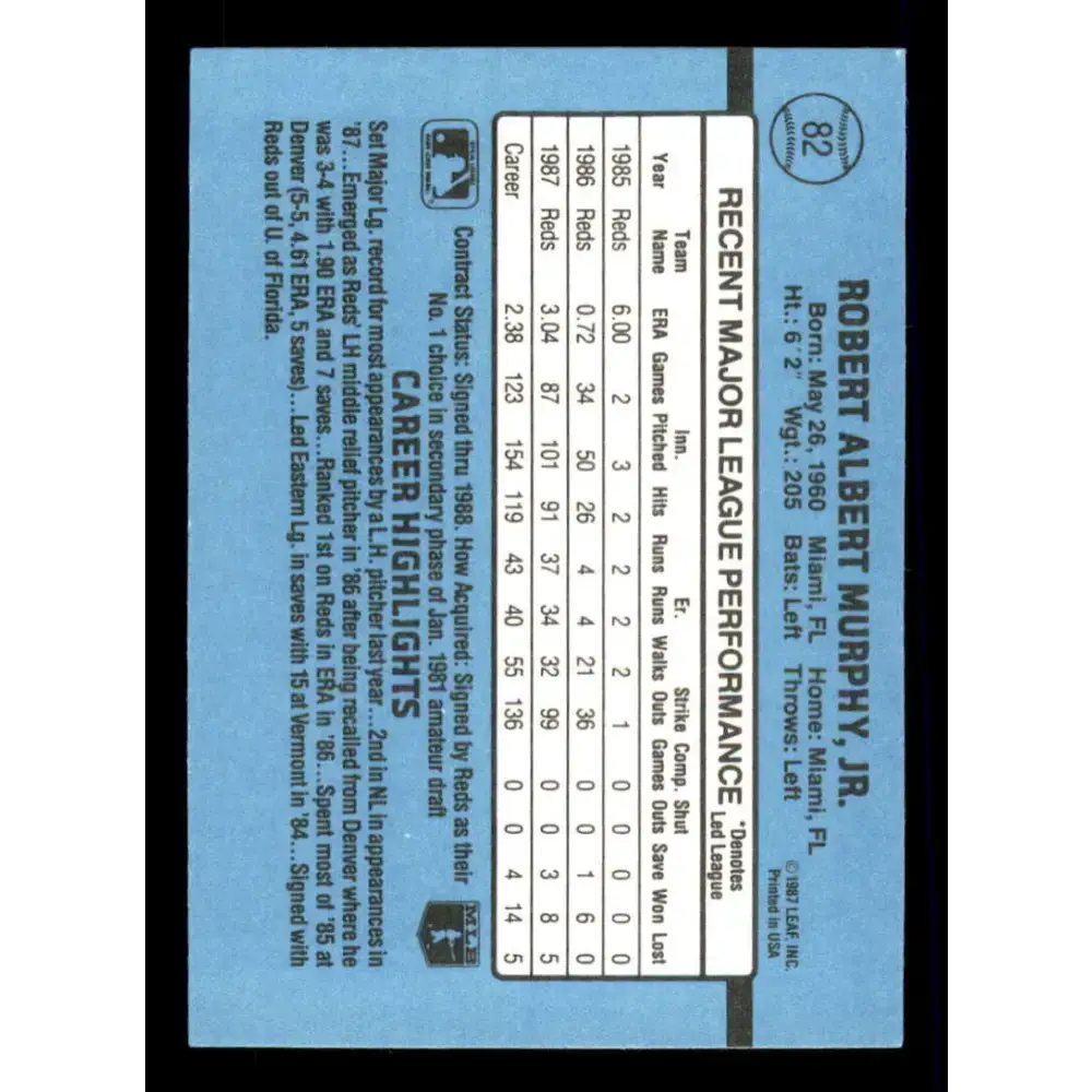 1988 Donruss #82 Rob Murphy EX Cincinnati Reds Baseball Card