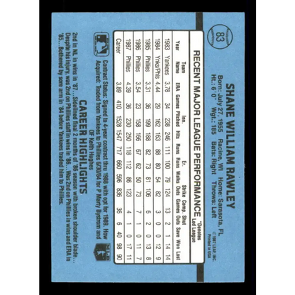 1988 Donruss #83 Shane Rawley EX Philadelphia Phillies Baseball Card