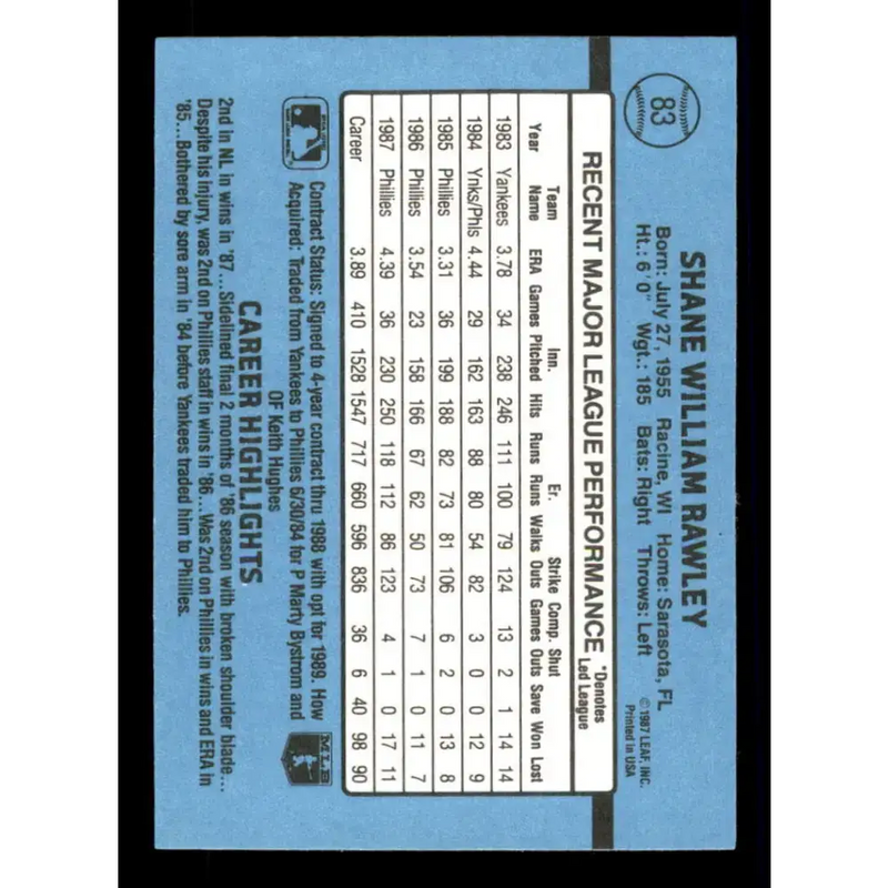 1988 Donruss #83 Shane Rawley EX Philadelphia Phillies Baseball Card - Baseball Card Single