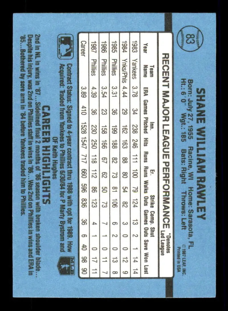 1988 Donruss #83 Shane Rawley NM-MT Philadelphia Phillies Baseball Card - Baseball Card Single