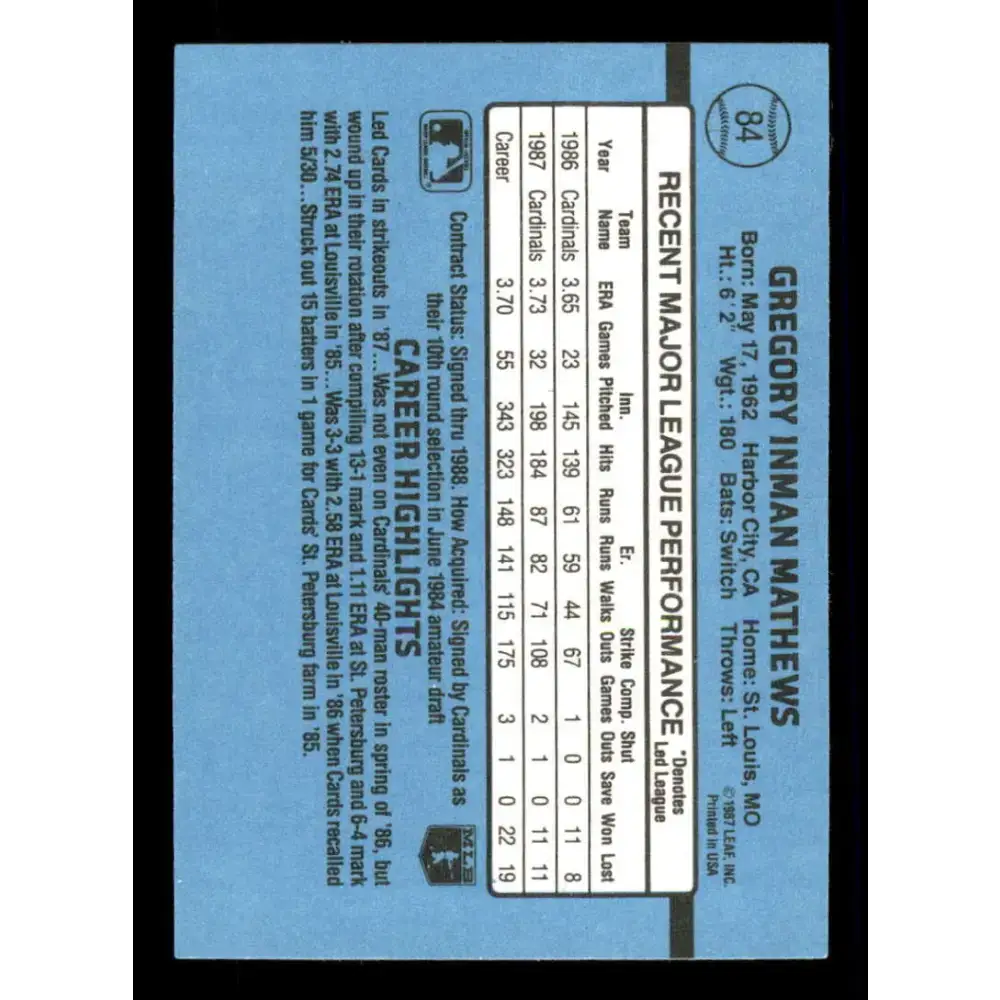 1988 Donruss #84 Greg Mathews EX St. Louis Cardinals Baseball Card