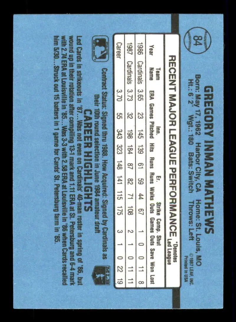 1988 Donruss #84 Greg Mathews NM-MT St. Louis Cardinals Baseball Card - Baseball Card Single