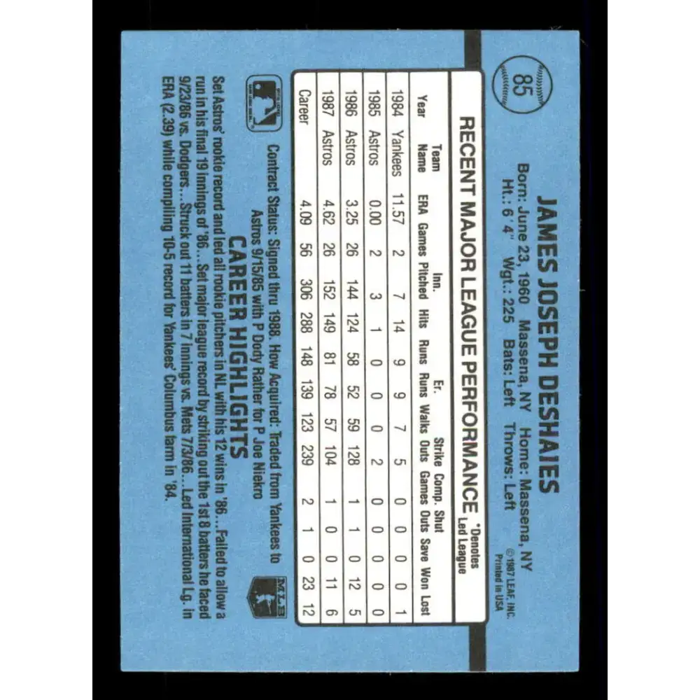 1988 Donruss #85 Jim Deshaies EX Houston Astros Baseball Card - Baseball Card Single