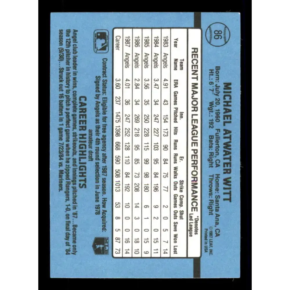 1988 Donruss #86 Mike Witt EX California Angels Baseball Card - Baseball Card Single