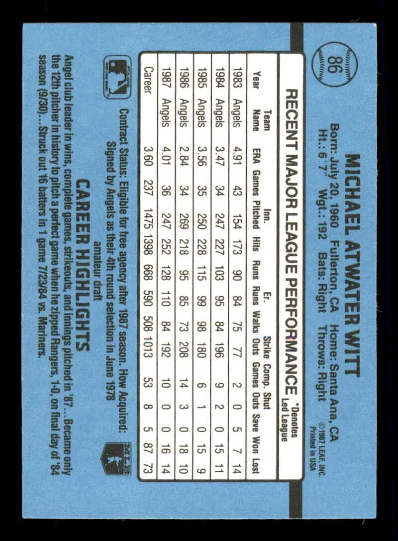 1988 Donruss #86 Mike Witt NM-MT California Angels Baseball Card - Baseball Card Single