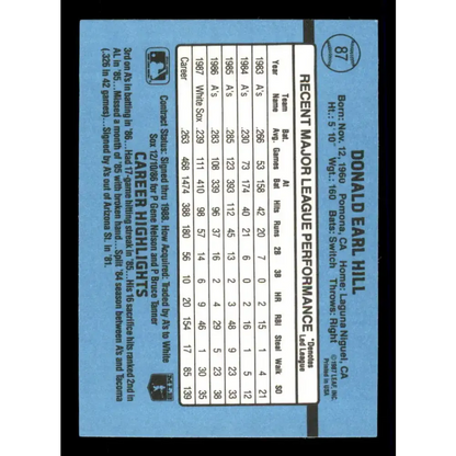1988 Donruss #87 Donnie Hill EX Chicago White Sox Baseball Card