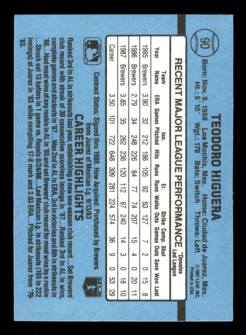 1988 Donruss #90 Teddy Higuera NM-MT Milwaukee Brewers Baseball Card - Baseball Card Single