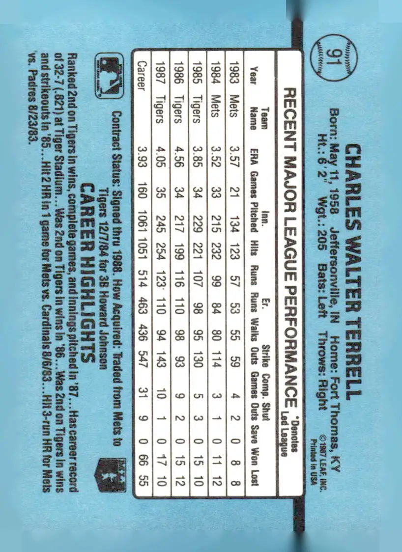 Back of 1988 Donruss Walt Terrell baseball card showing player statistics