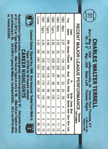 Back of 1988 Donruss Walt Terrell baseball card showing player statistics