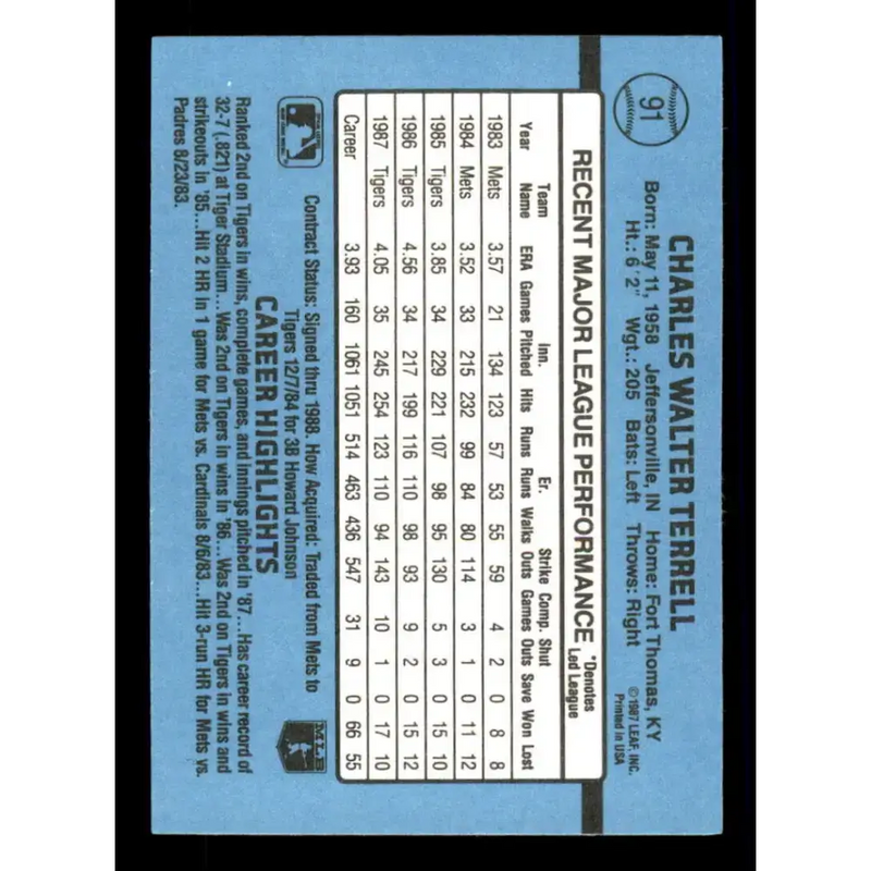 1988 Donruss #91 Walt Terrell EX Detroit Tigers Baseball Card - Baseball Card Single