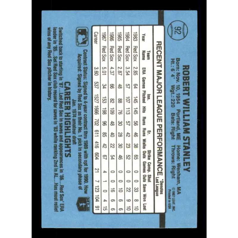 1988 Donruss #92 Bob Stanley EX Boston Red Sox Baseball Card - Baseball Card Single