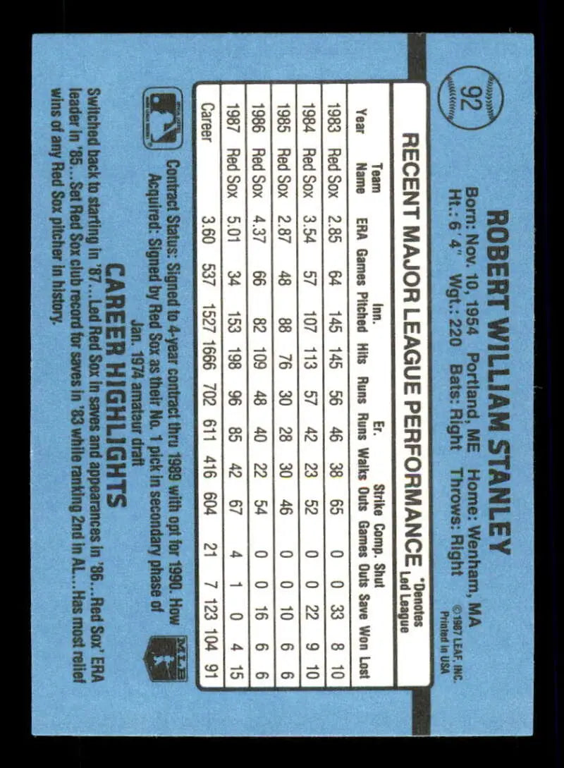 1988 Donruss #92 Bob Stanley NM-MT Boston Red Sox Baseball Card - Baseball Card Single