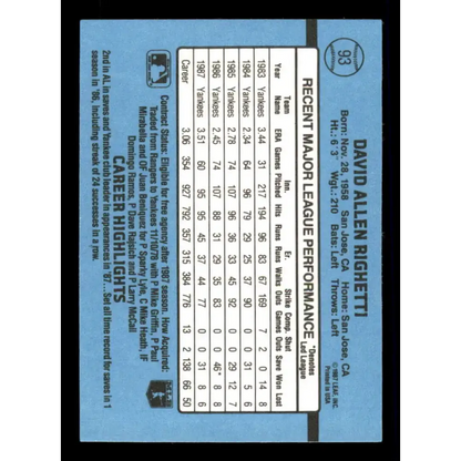 1988 Donruss #93 Dave Righetti EX New York Yankees Baseball Card