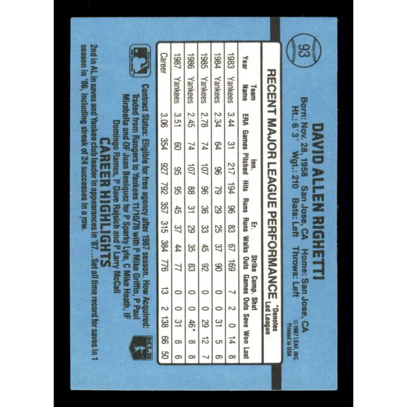 1988 Donruss #93 Dave Righetti EX New York Yankees Baseball Card - Baseball Card Single