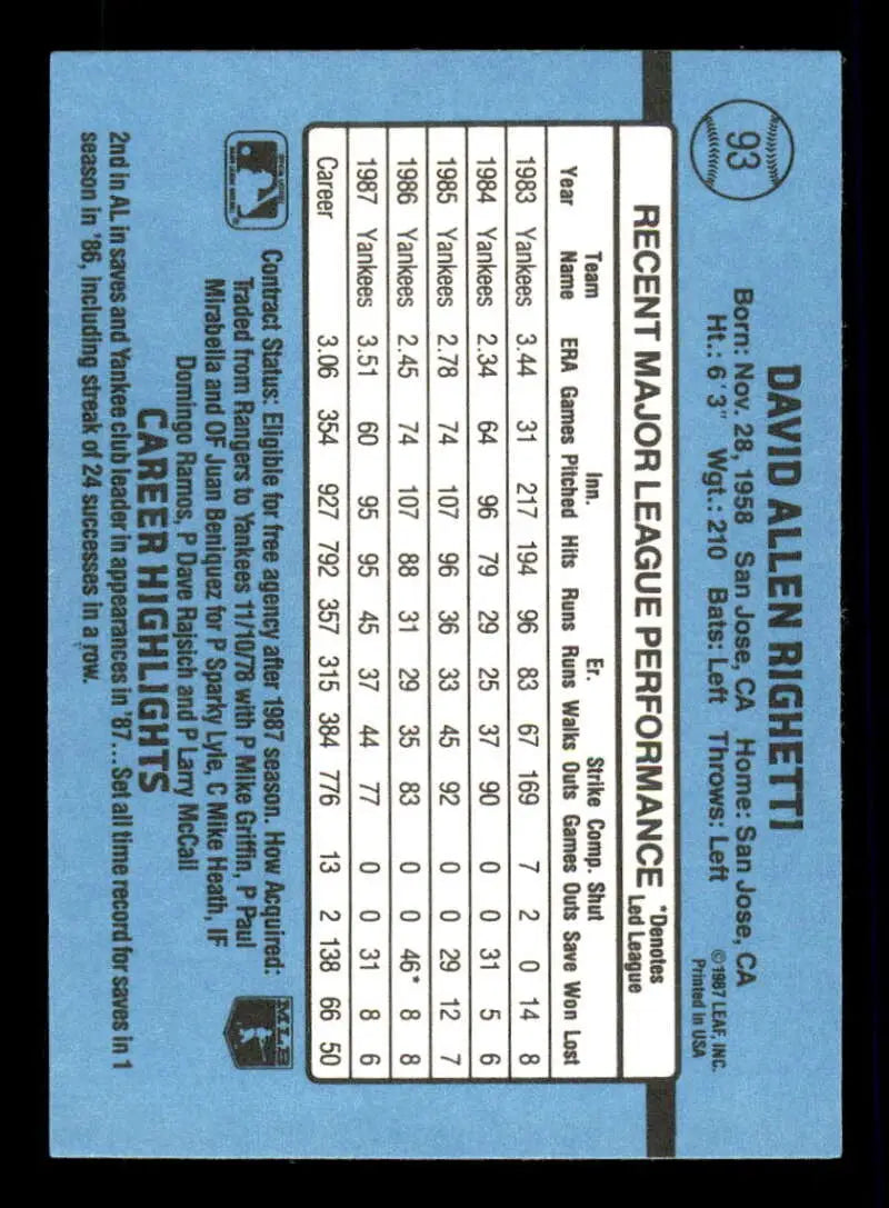 1988 Donruss #93 Dave Righetti NM-MT New York Yankees Baseball Card - Baseball Card Single