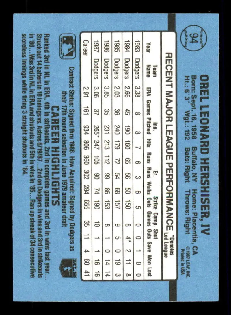 1988 Donruss #94 Orel Hershiser NM-MT Los Angeles Dodgers Baseball Card - Baseball Card Single