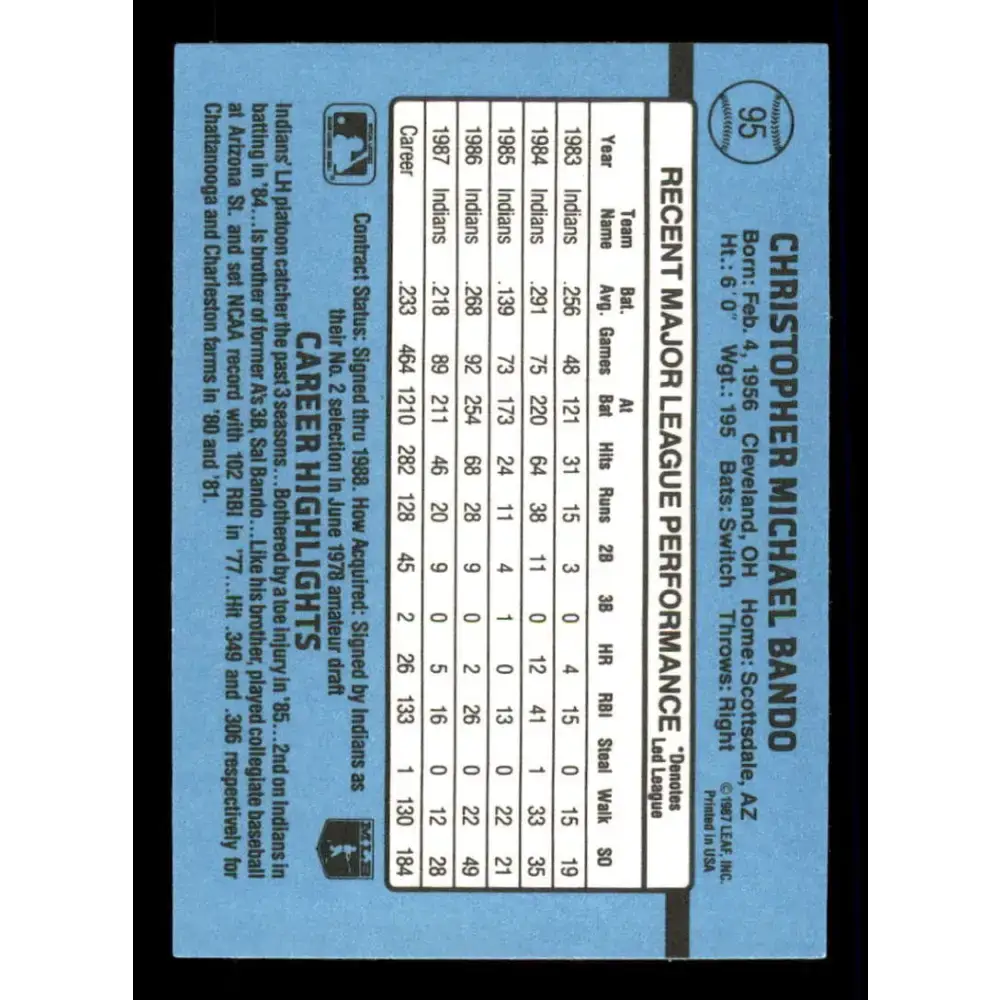 1988 Donruss #95 Chris Bando EX Cleveland Indians Baseball Card - Baseball Card Single