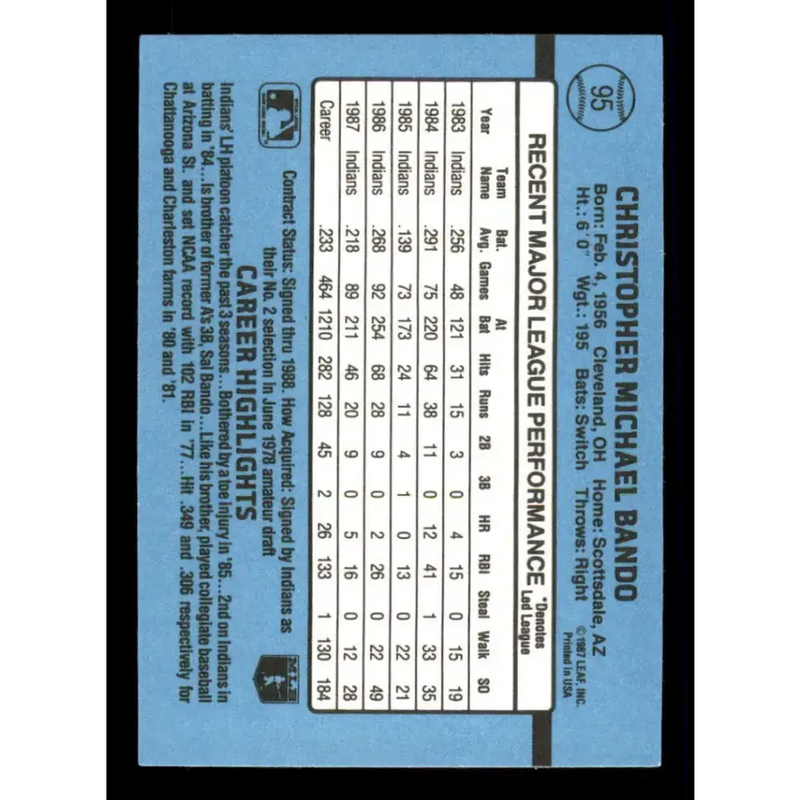 1988 Donruss #95 Chris Bando EX Cleveland Indians Baseball Card - Baseball Card Single