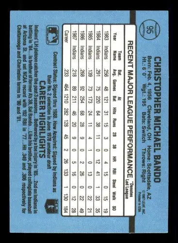 Baseball card back from 1988 Donruss Chris Bando Indians with original gloss detail