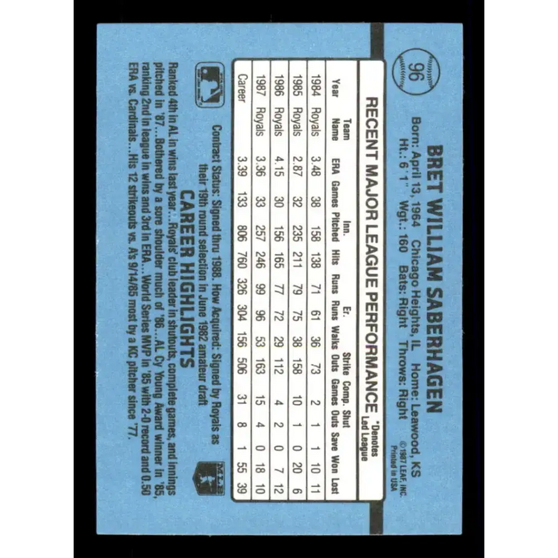 1988 Donruss #96 Bret Saberhagen EX Kansas City Royals Baseball Card - Baseball Card Single