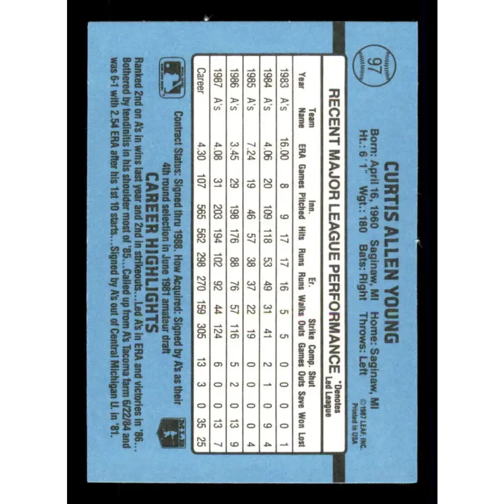 1988 Donruss #97 Curt Young EX Oakland Athletics Baseball Card