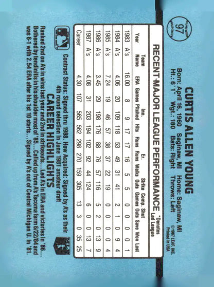 Vintage 1988 Donruss Curt Young baseball card 97c Curt Young collectible image