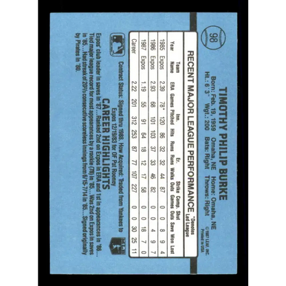1988 Donruss #98 Tim Burke EX Montreal Expos Baseball Card