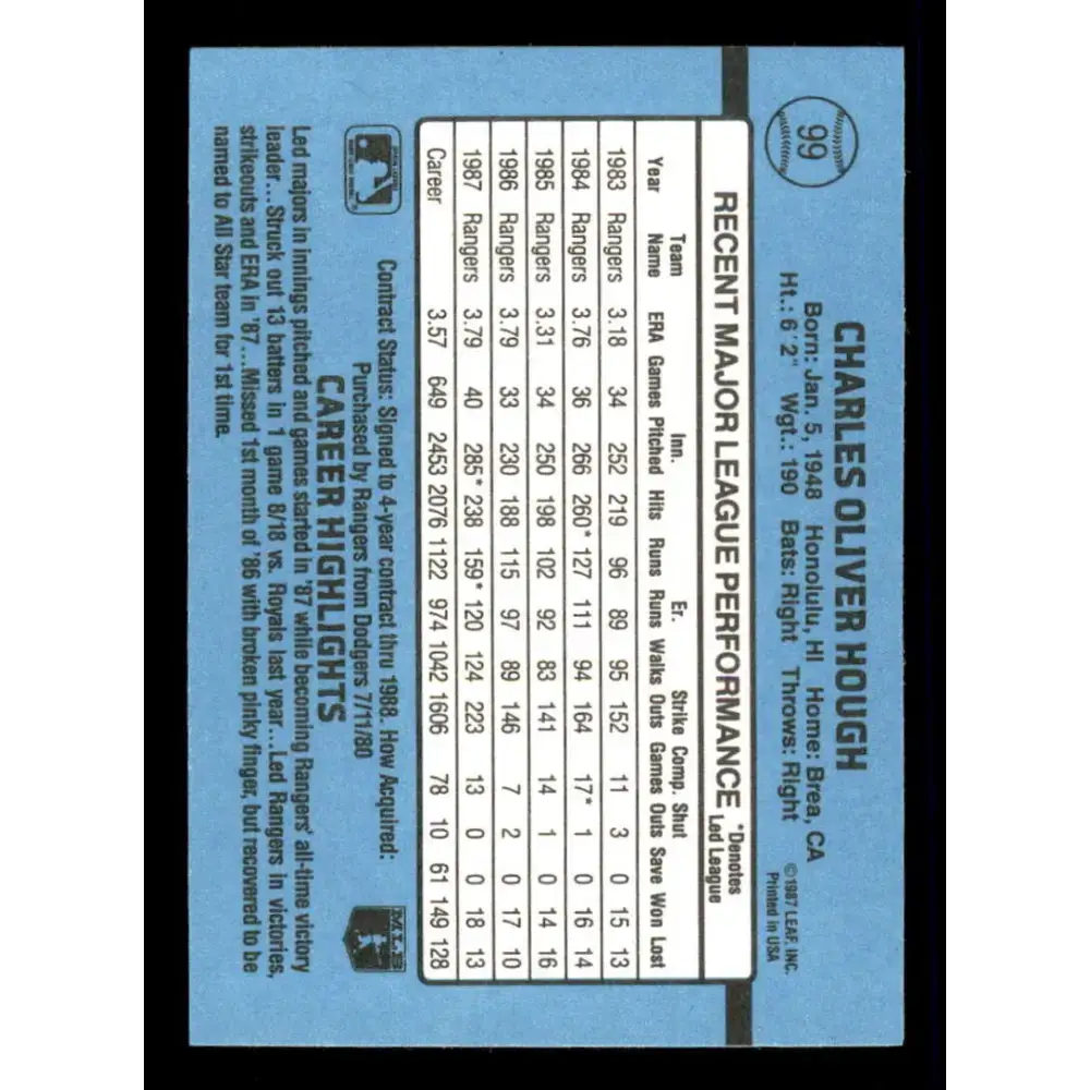 1988 Donruss #99 Charlie Hough EX Texas Rangers Baseball Card - Baseball Card Single