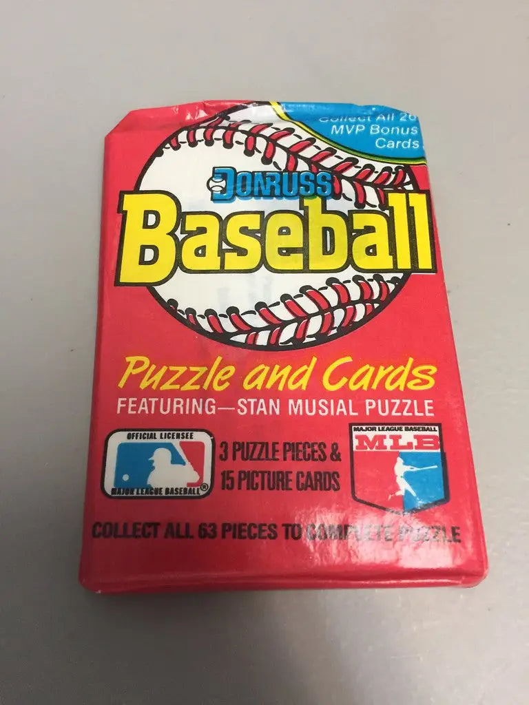 Vintage 1988 Donruss baseball pack with Stan Musial trading cards and puzzle
