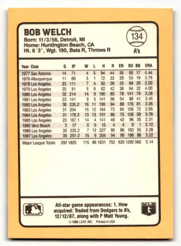 Original gloss Bob Welch baseball card back from 1988 Donruss Baseball’s Best