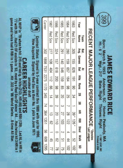 Back of 1988 Donruss Jim Rice Boston Red Sox team collection card with career stats
