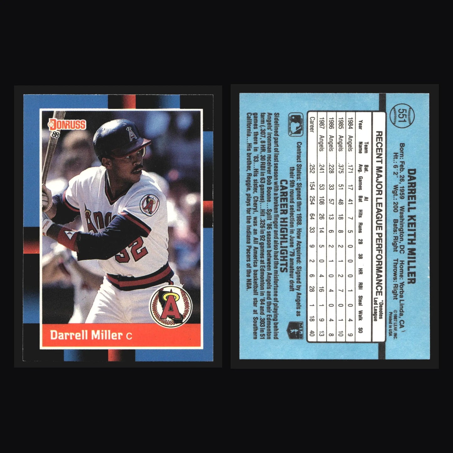1988 Donruss Darrell Miller #551 California Angels - Baseball Card Single