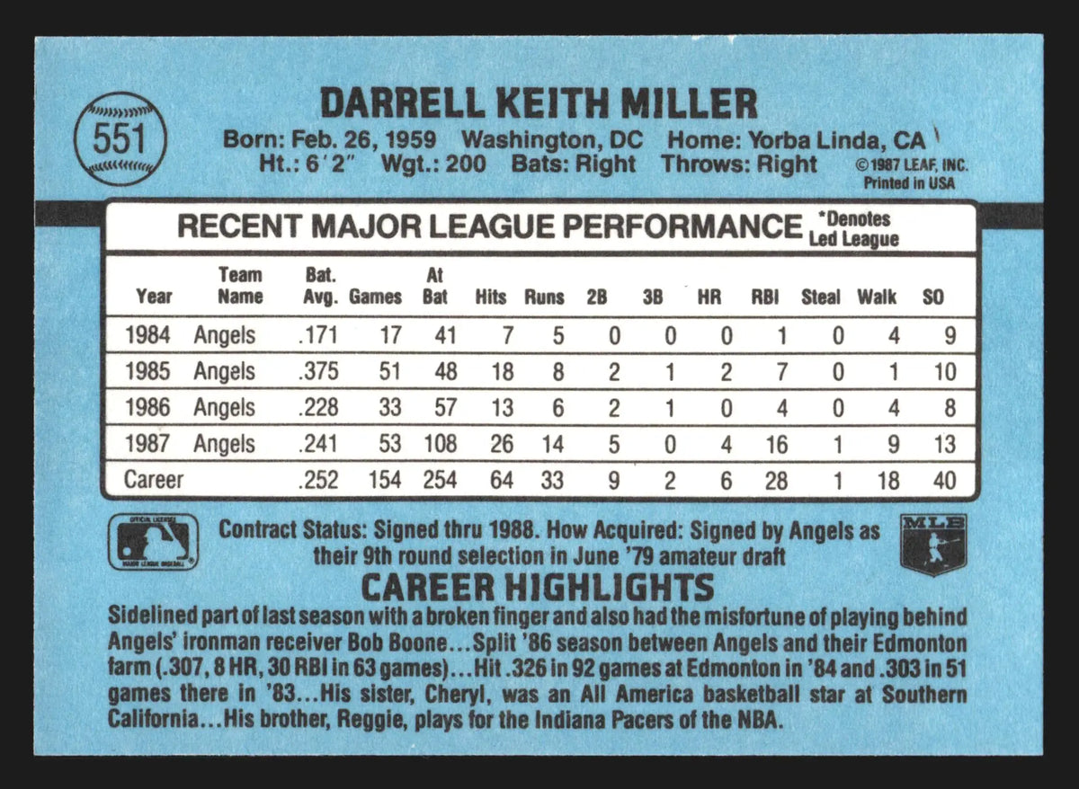 1988 Donruss Darrell Miller #551 California Angels - Baseball Card Single