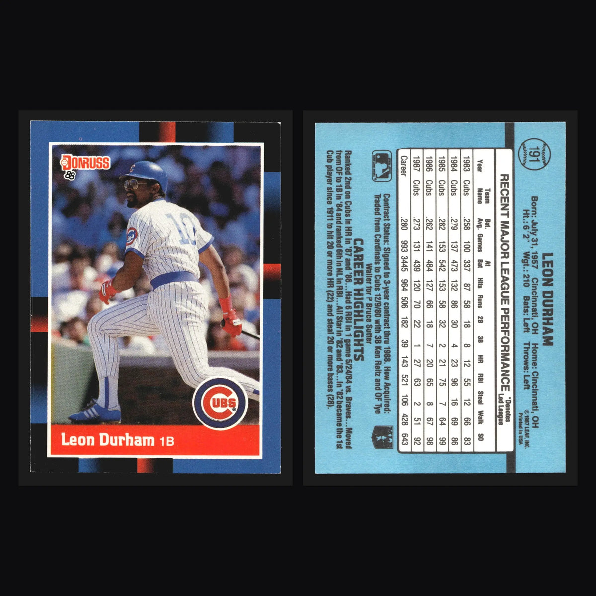 1988 Donruss Leon Durham #191 Chicago Cubs - Baseball Card Single