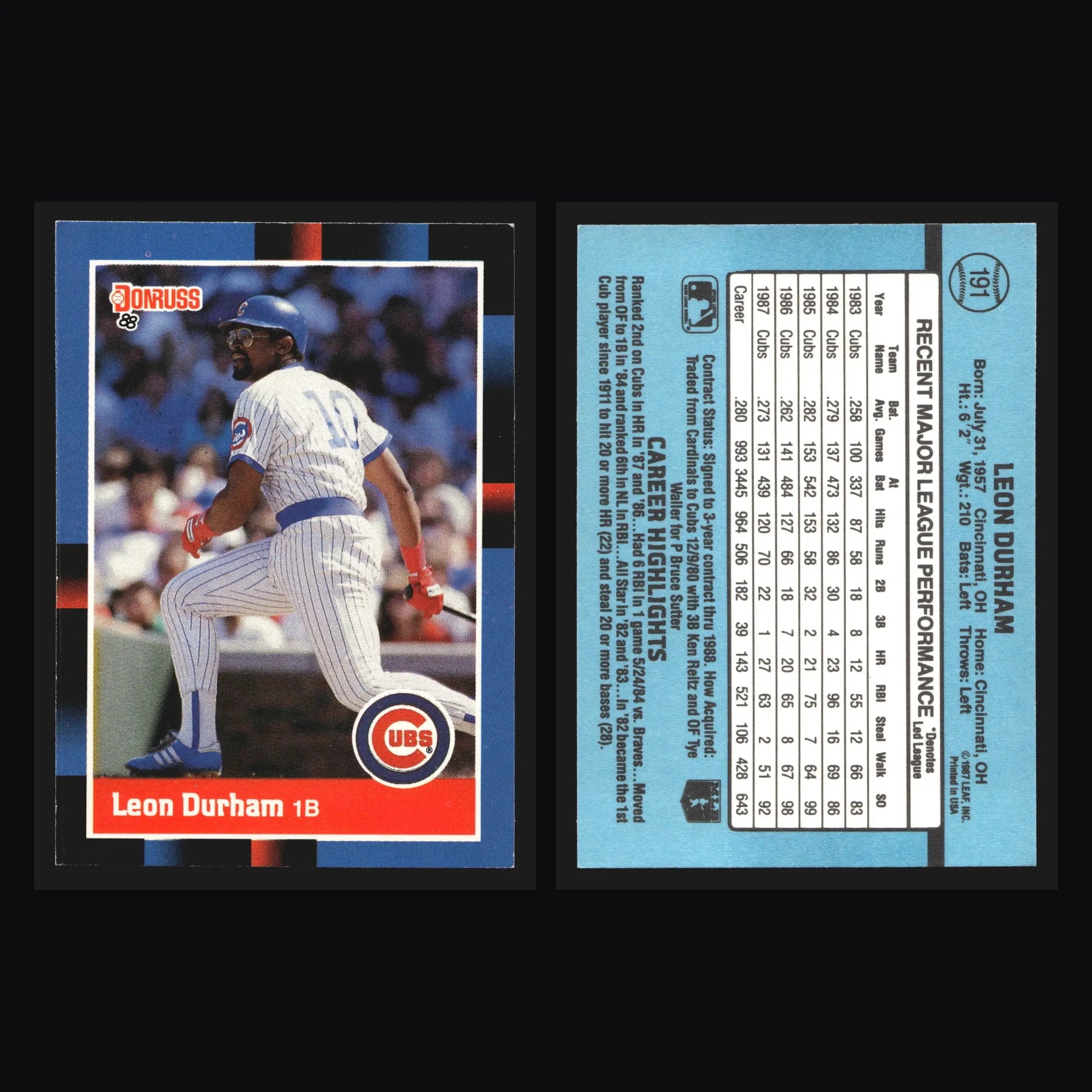 1988 Donruss Leon Durham #191 Chicago Cubs - Baseball Card Single