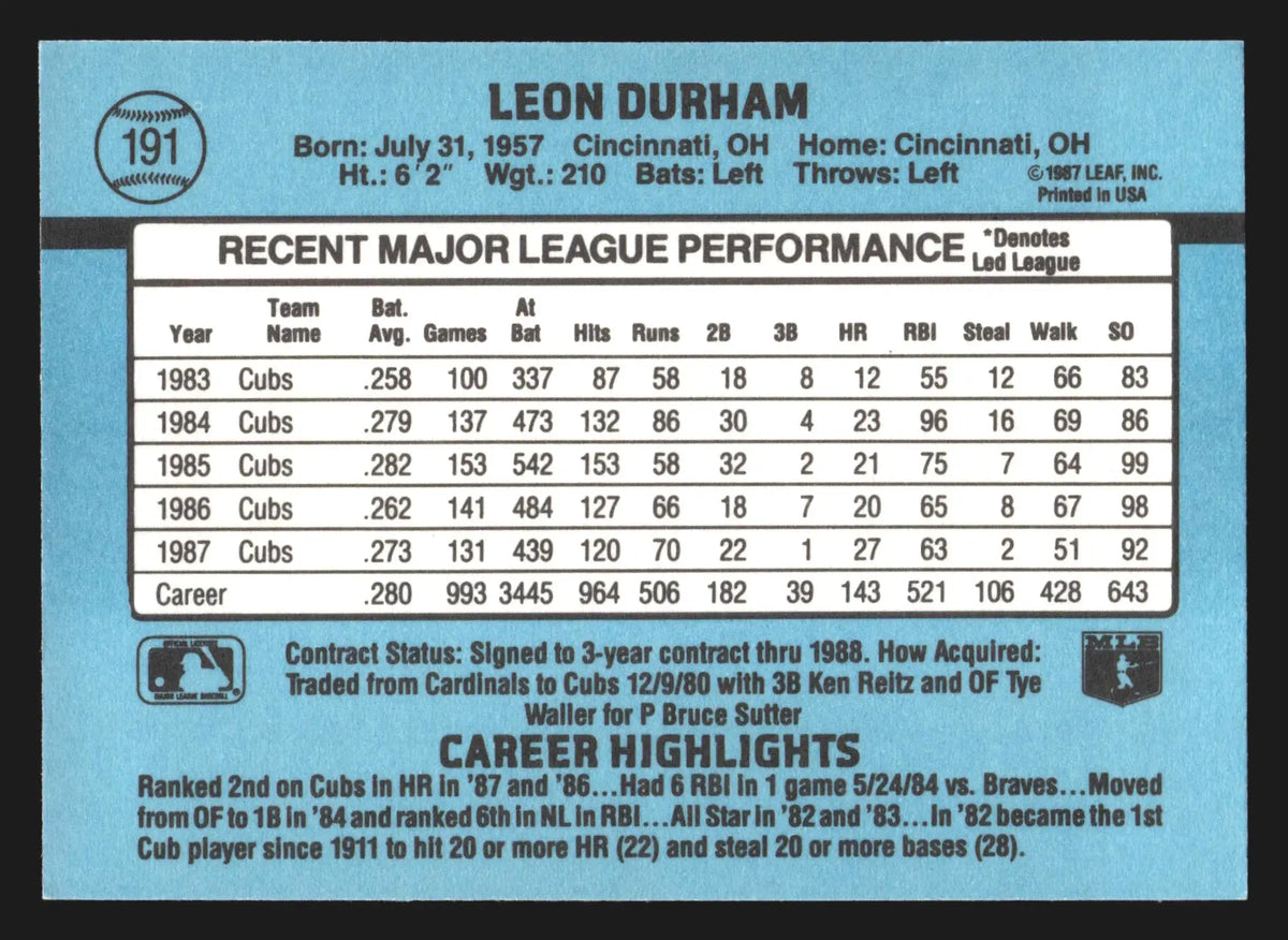 1988 Donruss Leon Durham #191 Chicago Cubs - Baseball Card Single