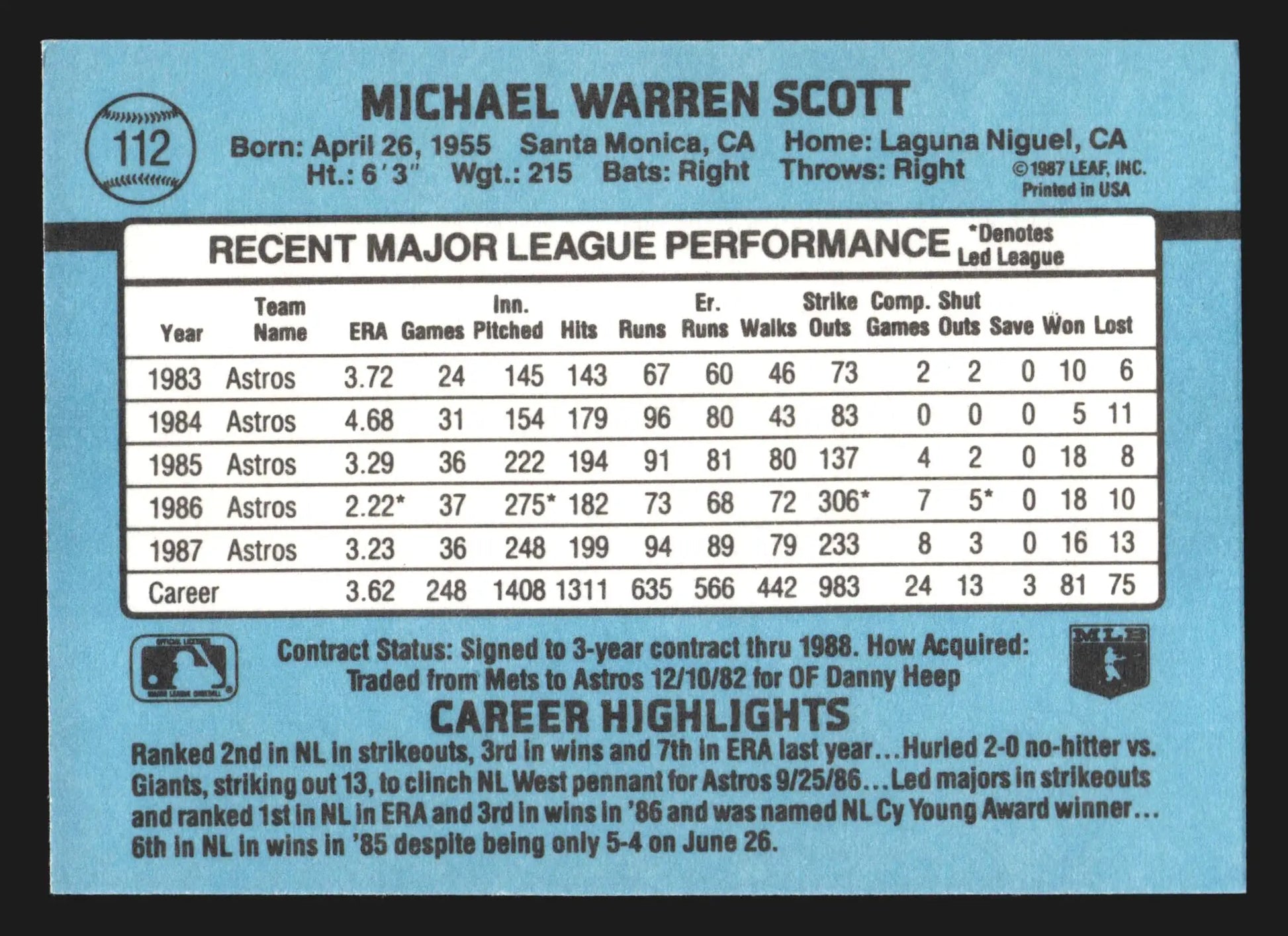 1988 Donruss Mike Scott #112 Houston Astros - Baseball Card Single