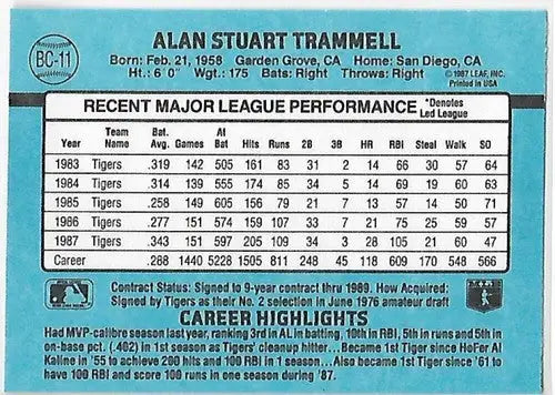 Back of 1988 Donruss MVPs BC-11 Alan Trammell baseball card with player stats and highlights