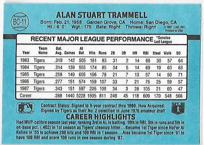 Back of 1988 Donruss MVPs BC-11 Alan Trammell baseball card with player stats and highlights